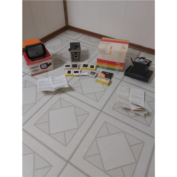 Lunarama Viewer No 1305 with slides; Polaroid Super Shooter Land camera; Ansco Shur Shot camera case