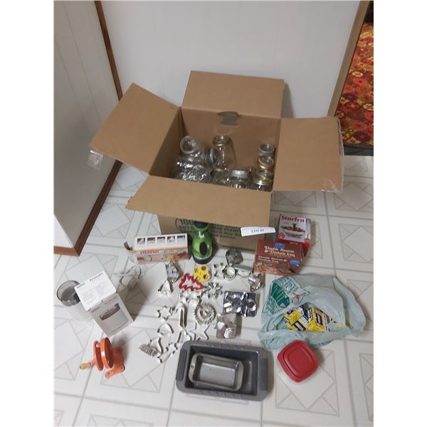 Asst canning jars and lids; cookie cutters; loaf pans; Braun coffee grinder; vintage bean slicer; St