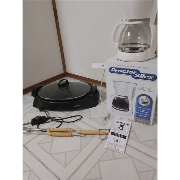 Proctor Silex 12-cup coffee maker, brand new; Better Crocker indoor electric grill and utensils