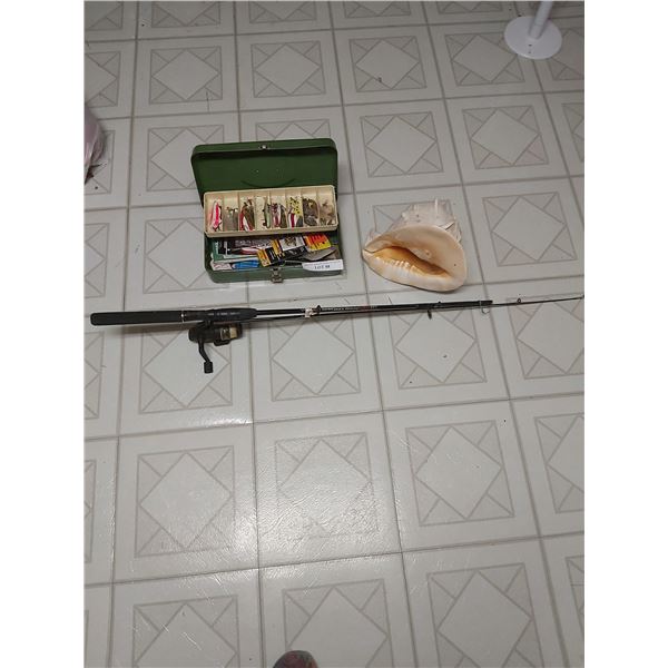 South Bend Black Beauty Fishing Rod & Reed; tackle box and large seashell