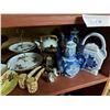 Image 4 : Asst mugs, metal pot, salt & pepper set, 2-tier serving dish, Chinese style pottery, Blue Glass cand