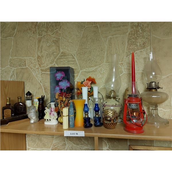Vintage asst perfume bottles; milk glass vases; candles; hurricane lamps