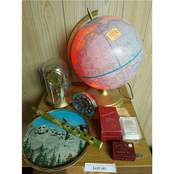 Cram's Plasti-lite 12" illuminated world globe; Kundo dome clock; vintage Big Ben West Clox alarm cl