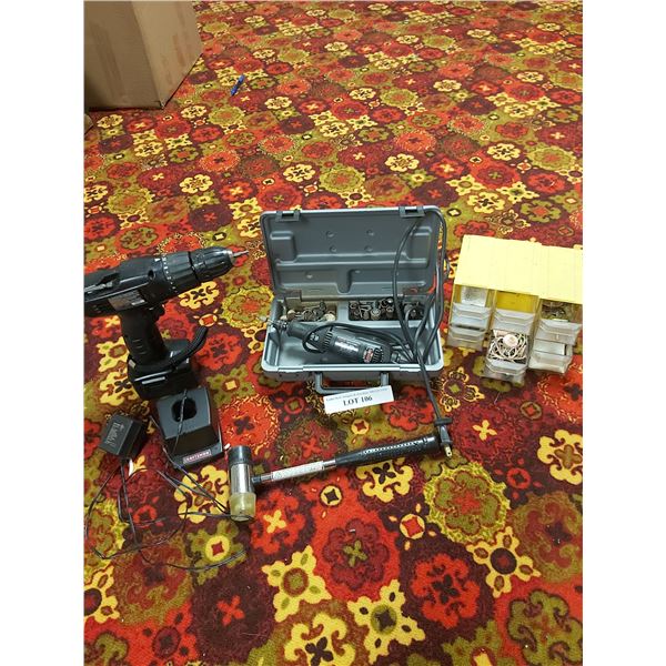 Craftsman Cordless Drill with charger; Craftsman Rotary Tool; small organizer drawers; plastic heade