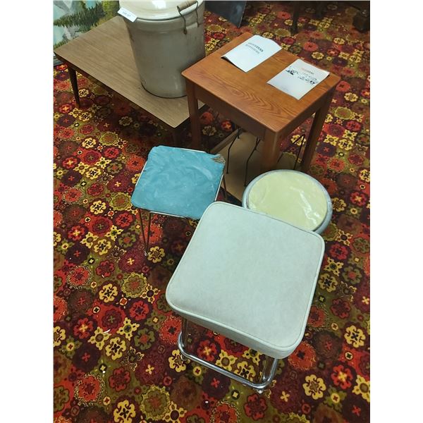 Medicine Hat pottery; 3 vintage stools; record stand and vintage coffee table