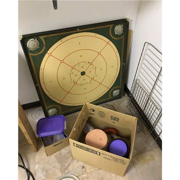 Crokinole/Chess Board (Missing Discs), Various Cookie Cooling Racks & Tupperware