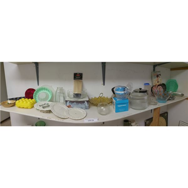 3 Tier Desert Platter, Kettle, Jello mold, glass juicer, tupperware, glass bowl, vintage candy dish