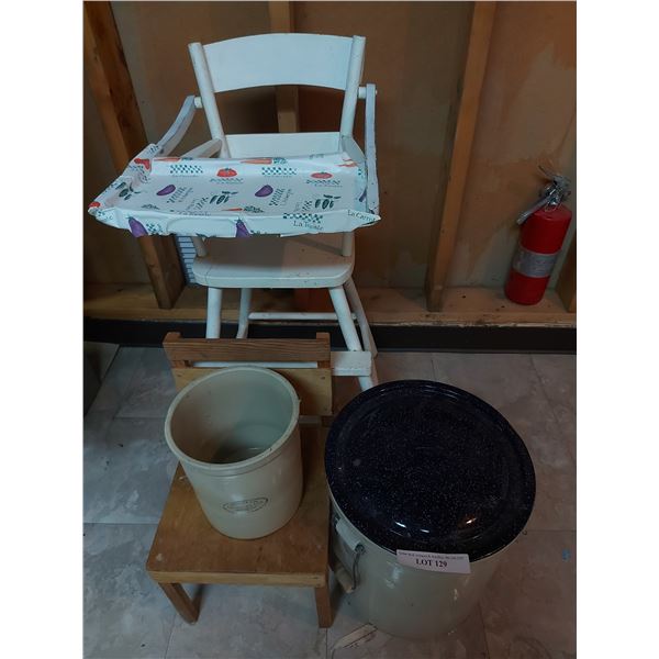 Large ceramic pots, metal lid; wooden child chair; vintage high chair