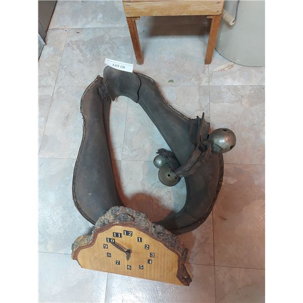 Yoke with bells; wood-body clock