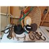 Image 1 : Wicker basket; asst hats; horseshoes; saddle hardware accessories; rope; straps with hardware