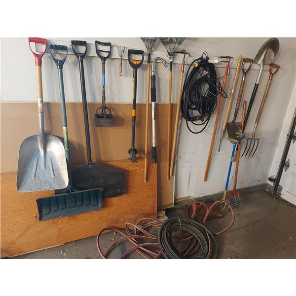 Asst gardening tools, hose, rakes, extension cords, shovels, dandelion picker, poop scooper, telesco