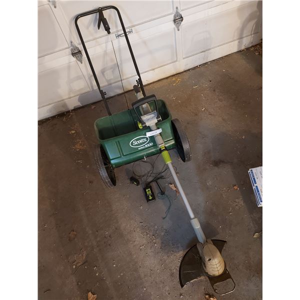 Scotts AccuGreen 1000 fertilizer / seed spreader; LawnMaster grass trimmer - lithium, w/charger and 
