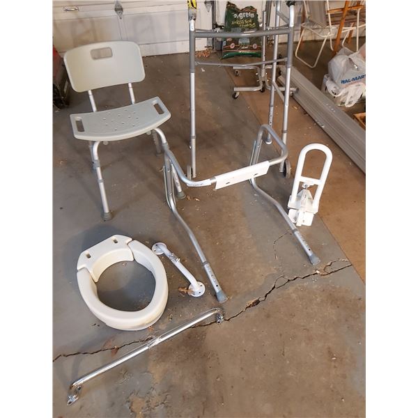 Walker, shower stool, safety railings