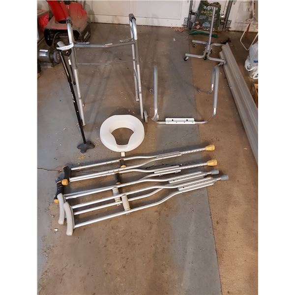 Walker, 2 pairs crutches, bath rail, toilet seat, cane