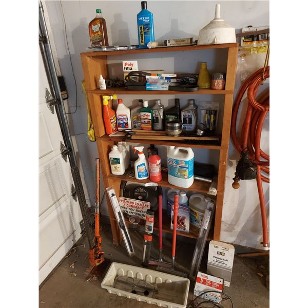 Asst automotive supplies incl battery charger, squeegees, wiper blades, jack, de-icer, brushes, belt