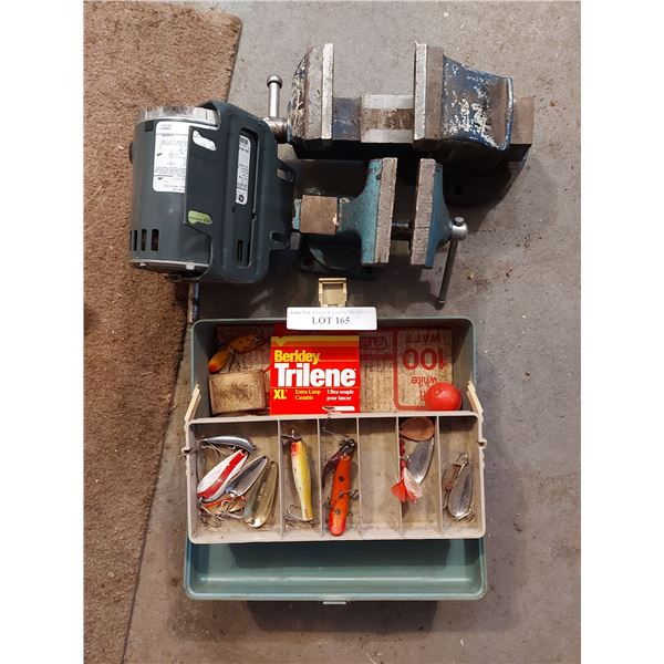 2 vices; A/C motor; tackle box with fishing supplies