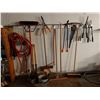 Image 1 : Asst large garden tools incl rakes, brush brooms, hedge clippers; saw; vintage cutters