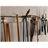 Image 3 : Asst large garden tools incl rakes, brush brooms, hedge clippers; saw; vintage cutters