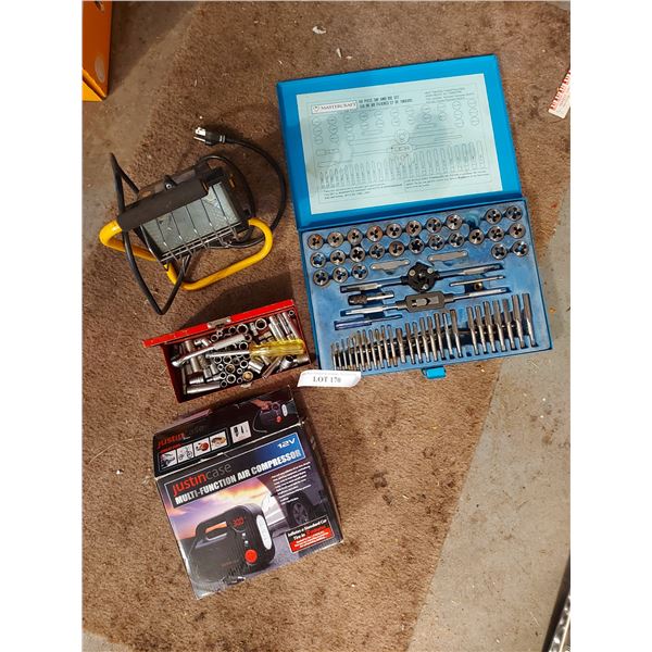 Mastercraft Tap & Die set; Justincase air compressor - 12V; work light; socket set