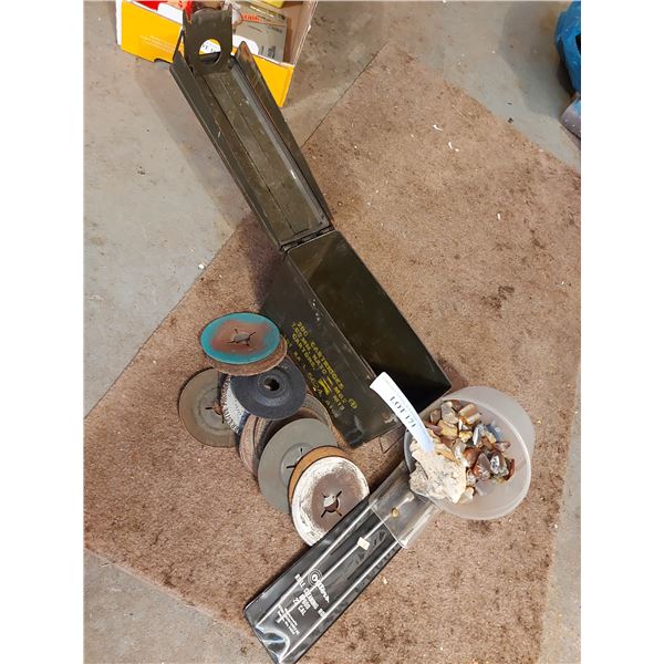 Vintage ammunition case, rifle cleaning rod, asst rocks