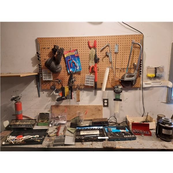Asst tools incl socket set pcs; saw; hardware; glue gun; A/C motor