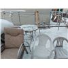 Image 1 : Round glass top patio table with umbrella and 6 asst chairs; asst chair cushions