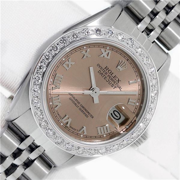 Rolex Ladies Salmon Roman Diamond Datejust Wristwatch