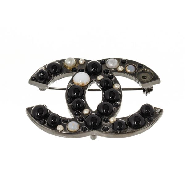 Chanel Black Rhinestone CC Brooch