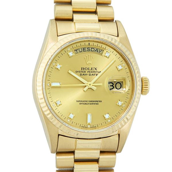 Rolex Mens 18K Yellow Gold Presidential With Factory Diamond Dial