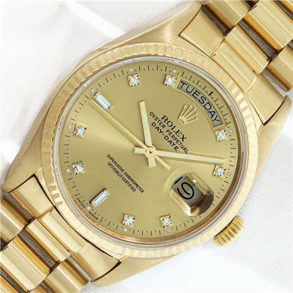 Rolex Mens 18K Yellow Gold Presidential With Factory Diamond Dial With Rolex Box
