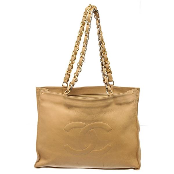 Chanel Beige Canvas Leather CC Chain Tote Bag