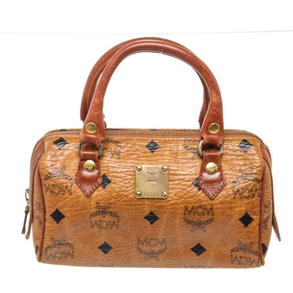 MCM Brown Visetos Coated Canvas Small Boston Bag