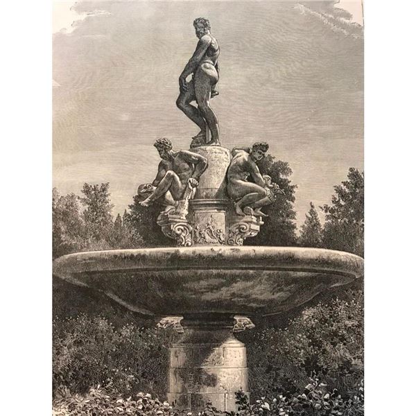 19thc Boboli Gardens Fountain, Florence Italy Engraving