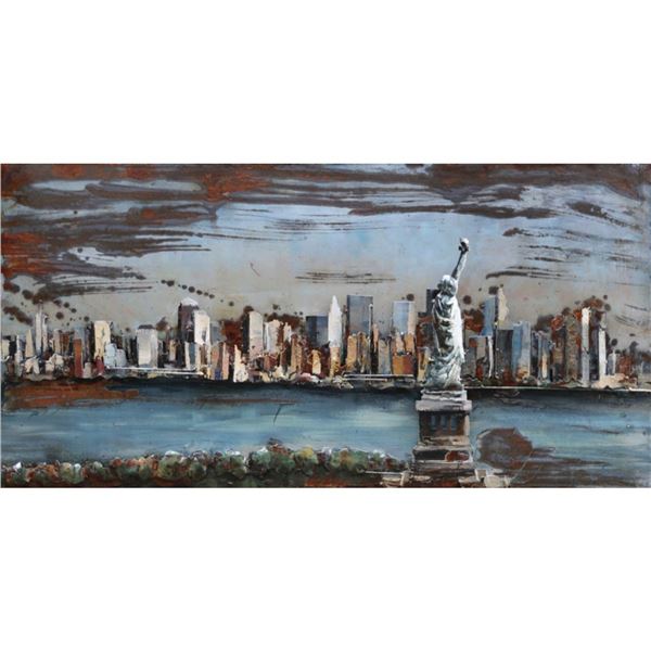 New York Skyline, Statue of Liberty Mixed Media Painting