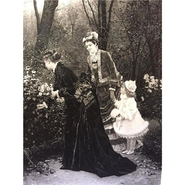 19thc Victorian Photogravure, Ladies with Child in a Garden