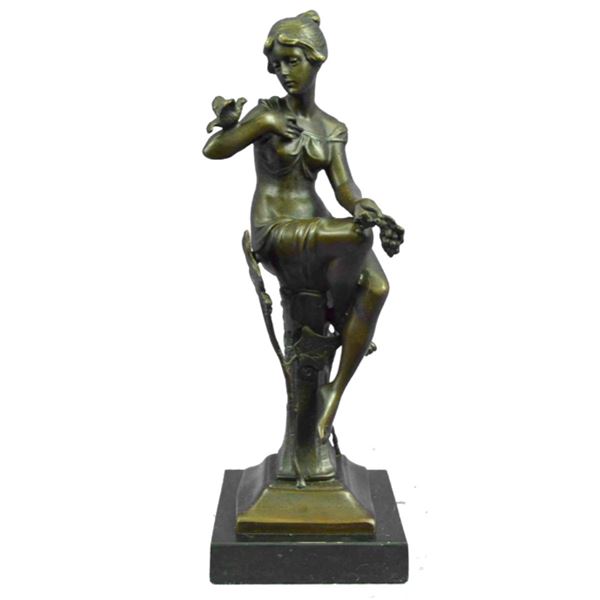 Art Nouveau Style Girl With Bird Bronze Sculpture