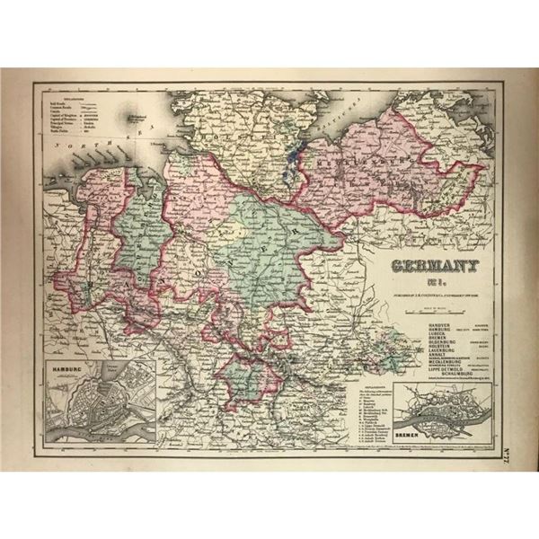 19thc Colton Hand-colored Map of Germany
