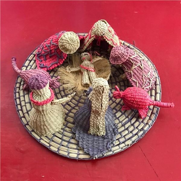 Woven Folk Art Rattan Tabletop Nativity Scene
