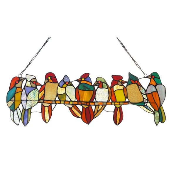 Birds On Vine Stained Art Glass Hanging Panel
