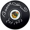 Image 1 : Bobby Hull Autographed Official Chicago Blackhawks Logo Hockey Puck "HOF 1983" (Beckett)