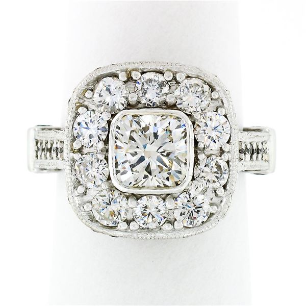 14k Gold 2.93 ctw GIA Cushion Brilliant Diamond & Halo Milgrain Engagement Ring