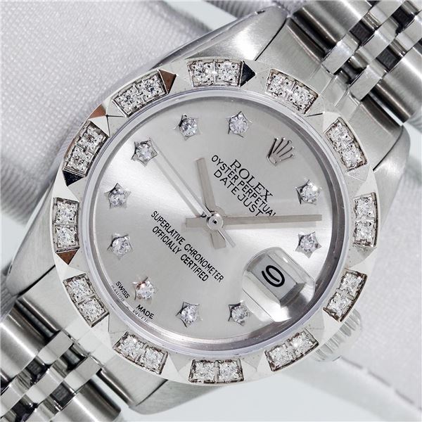 Rolex Ladies Stainless Steel Silver Star Pyramid Diamond Datejust Wristwatch