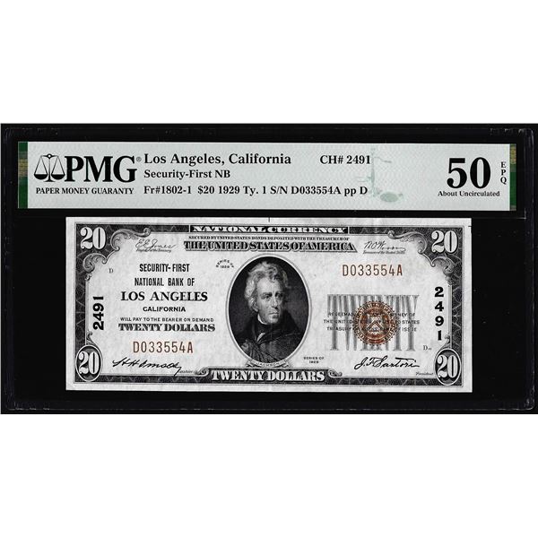 1929 $20 Los Angeles, CA CH# 2491 National Currency Note PMG About Uncirculated 50EPQ
