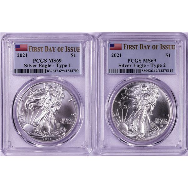 Lot of 2021 Type 1 & 2 $1 American Silver Eagle Coins PCGS MS69 First Day of Issue
