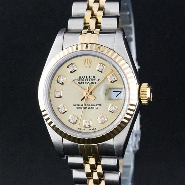 Rolex Ladies Two Tone Champagne Diamond Oyster Perpetual Datejust Wristwatch