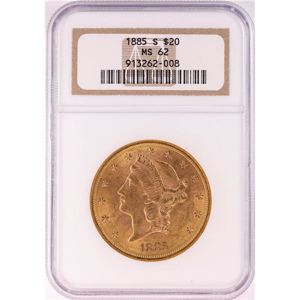 1885-S $20 Liberty Head Double Eagle Gold Coin NGC MS62