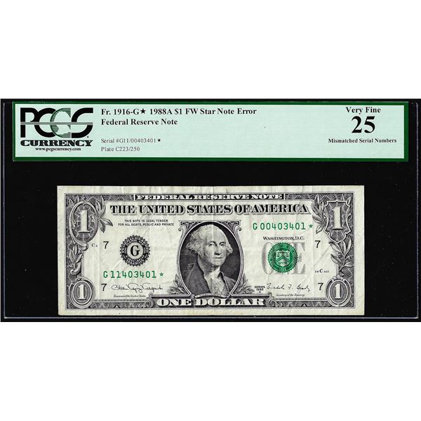 1988A $1 Federal Reserve STAR Note Mismatched Serial Number ERROR PCGS Very Fine 25