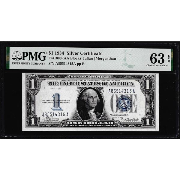 1934 $1 Funnyback Silver Certificate Note Fr.1606 PMG Choice Uncirculated 63EPQ