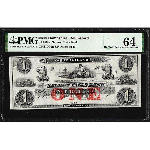 1860's $1 Salmon Falls Bank Rollinsford, NH Obsolete Note PMG Choice Uncirculated 64