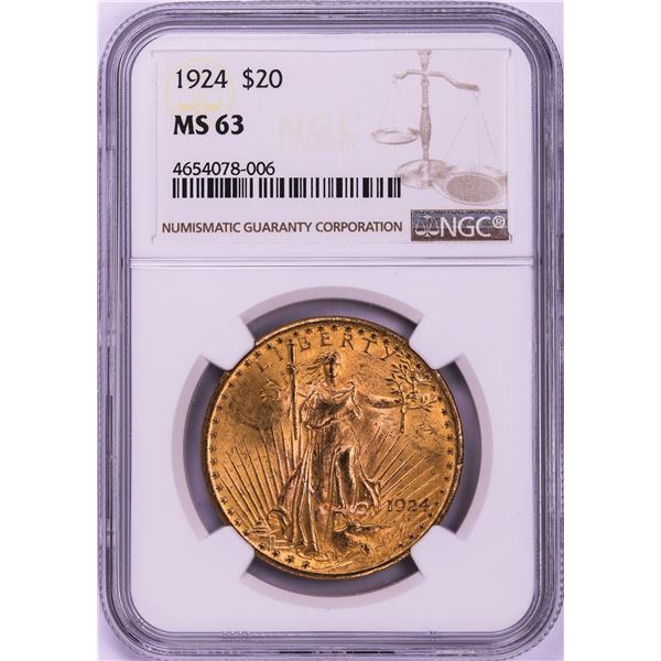 1924 $20 St. Gaudens Double Eagle Gold Coin NGC MS63